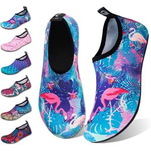 WateLves Water Shoes for Womens Mens Barefoot Quick-Dry Aqua Socks for Beach Swim Surf Yoga Exercise New Translucent Color Soles(Flamingo Leaves)