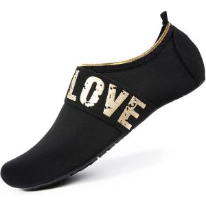WateLves Womens and Mens Kids Water Shoes Barefoot Quick-Dry Aqua Socks for Beach Swim Surf Yoga Exercise(Gold Love/Black)