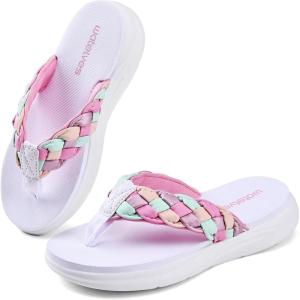 WateLves Girls Flip Flops Non-Slip Casual Thong Sandals Summer Sandal Shoes for Beach Swim Pool (Little Kid/Big Kid)(White-colorful Upper)
