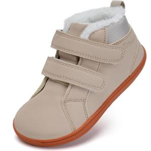 WateLves Toddler Little Kids Wide Barefoot Shoes Boys Girls Winter High Top Minimalist Sneakers Faux Fur Ankle Boots Leather Uniform Dress Shoes Naturally Splay(Fur/Beige)