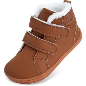 WateLves Toddler Little Kids Wide Barefoot Shoes Boys Girls Winter High Top Minimalist Sneakers Faux Fur Ankle Boots Leather Uniform Dress Shoes Naturally Splay(Fur/Brown)