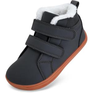 WateLves Toddler Little Kids Wide Barefoot Shoes Boys Girls Winter High Top Minimalist Sneakers Faux Fur Ankle Boots Leather Uniform Dress Shoes Naturally Splay(Fur/Dark Gray)