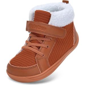 WateLves Toddler Little Kids Wide Barefoot Shoes Boys Girls Winter High Top Minimalist Sneakers Faux Fur Ankle Boots Warm Walking Shoes for Indoor Outdoor | Naturally Splay | Flexible Fit(Fur/Brown)