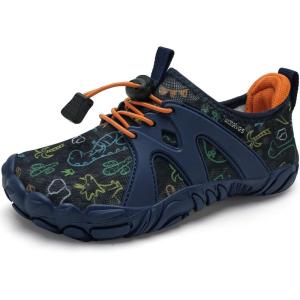 WateLves Toddler/Little/Big/Kid Water Shoes Wide Barefoot Aqua Athletic Sneakers Girls Boys Hiking Beach Swim Fast Dry Shoes Built-in Heel Grips(Navy Dinosaur)