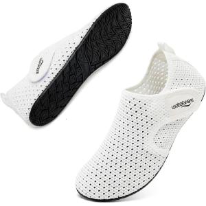 WateLves Water Shoes for Women Men Swim Beach Aqua Socks Quick Dry Barefoot House Slippers Travel Shoes with Adjustable Magic Tape for Pool Diving Boating Yoga Surf(A-white)