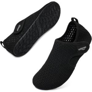 WateLves Water Shoes for Women Men Swim Beach Aqua Socks Quick Dry Barefoot House Slippers Travel Shoes with Adjustable Magic Tape for Pool Diving Boating Yoga Surf(A-black)