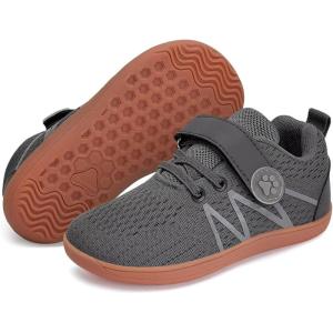 WateLves Wide Toddler Barefoot Shoes Little Kids Boys Girls Walking Tennis Sneakers with Breathable Mesh Zero Drop Sole Adjustable Strap(Dark Grey,24)