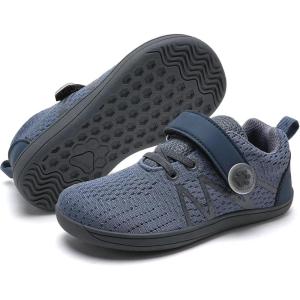 WateLves Wide Toddler Barefoot Shoes Little Kids Boys Girls Walking Tennis Sneakers with Breathable Mesh Zero Drop Sole Adjustable Strap(Grey Blue)
