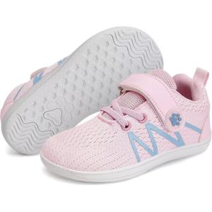 WateLves Wide Toddler Barefoot Shoes Little Kids Boys Girls Walking Tennis Sneakers with Breathable Mesh Zero Drop Sole Adjustable Strap(Pink)