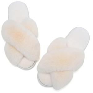 WateLves Women’s Cross Band Slide Slippers Soft Plush Furry House Shoes Non Slip Indoor Outdoor Slippers Cozy Open Toe Slip On(Milky White)