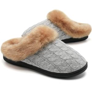 WateLves Women’s Slippers Comfort Memory Foam House Slippers Plush Lining Bedroom Shoes for Indoor & Outdoor(Light Gray/Brown)