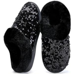 WateLves Women’s Slippers Comfort Memory Foam House Slippers Plush Lining Bedroom Shoes for Indoor & Outdoor(Sequins Black)