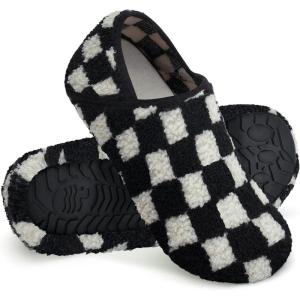 WateLves Womens & Mens Lightweight Cozy Faux Furry House Slippers – Rubber Sole Slip On Sock Shoes – Foldable Travel Slippers – Indoor & Outdoor(Black/White)