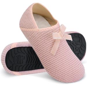 WateLves Womens & Mens Lightweight Cozy Faux Furry House Slippers – Rubber Sole Slip On Sock Shoes – Foldable Travel Slippers – Indoor & Outdoor(Bow/Pink)