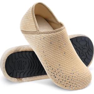 WateLves Womens & Mens Lightweight Cozy Faux Furry House Slippers – Rubber Sole Slip On Sock Shoes – Foldable Travel Slippers – Indoor & Outdoor(Diamond/Beige)