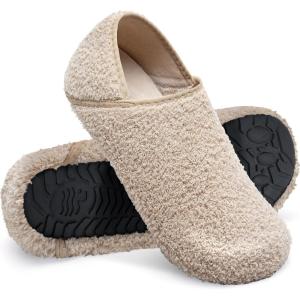 WateLves Womens & Mens Lightweight Cozy Faux Furry House Slippers – Rubber Sole Slip On Sock Shoes – Foldable Travel Slippers – Indoor & Outdoor(Fluff/Beige)