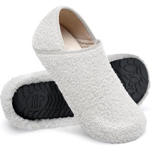 WateLves Womens & Mens Lightweight Cozy Faux Furry House Slippers – Rubber Sole Slip On Sock Shoes – Foldable Travel Slippers – Indoor & Outdoor(Fluff/White)