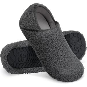 WateLves Womens & Mens Lightweight Cozy Faux Furry House Slippers – Rubber Sole Slip On Sock Shoes – Foldable Travel Slippers – Indoor & Outdoor(Fluff/Grey)