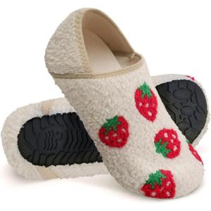 WateLves Womens & Mens Lightweight Cozy Faux Furry House Slippers – Rubber Sole Slip On Sock Shoes – Foldable Travel Slippers – Indoor & Outdoor(Red/White)