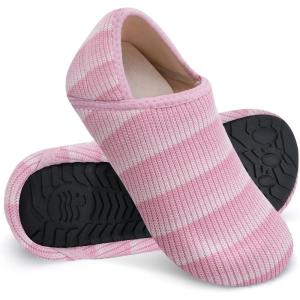 WateLves Womens & Mens Lightweight Cozy Faux Furry House Slippers – Rubber Sole Slip On Sock Shoes – Foldable Travel Slippers – Indoor & Outdoor(Stripe/Pink)