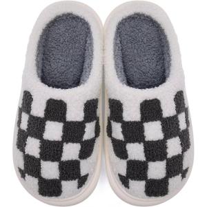 WateLves Women’s Pillow Warm Memory Foam Slippers Comfortable Cute House Shoes Lightweight Fuzzy Christmas Slippers(Black White Chessboard)