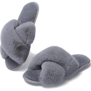 WateLves Women’s Cross Band Slide Slippers Soft Plush Furry House Shoes Non Slip Indoor Outdoor Slippers Cozy Open Toe Slip On(Iron Gray)
