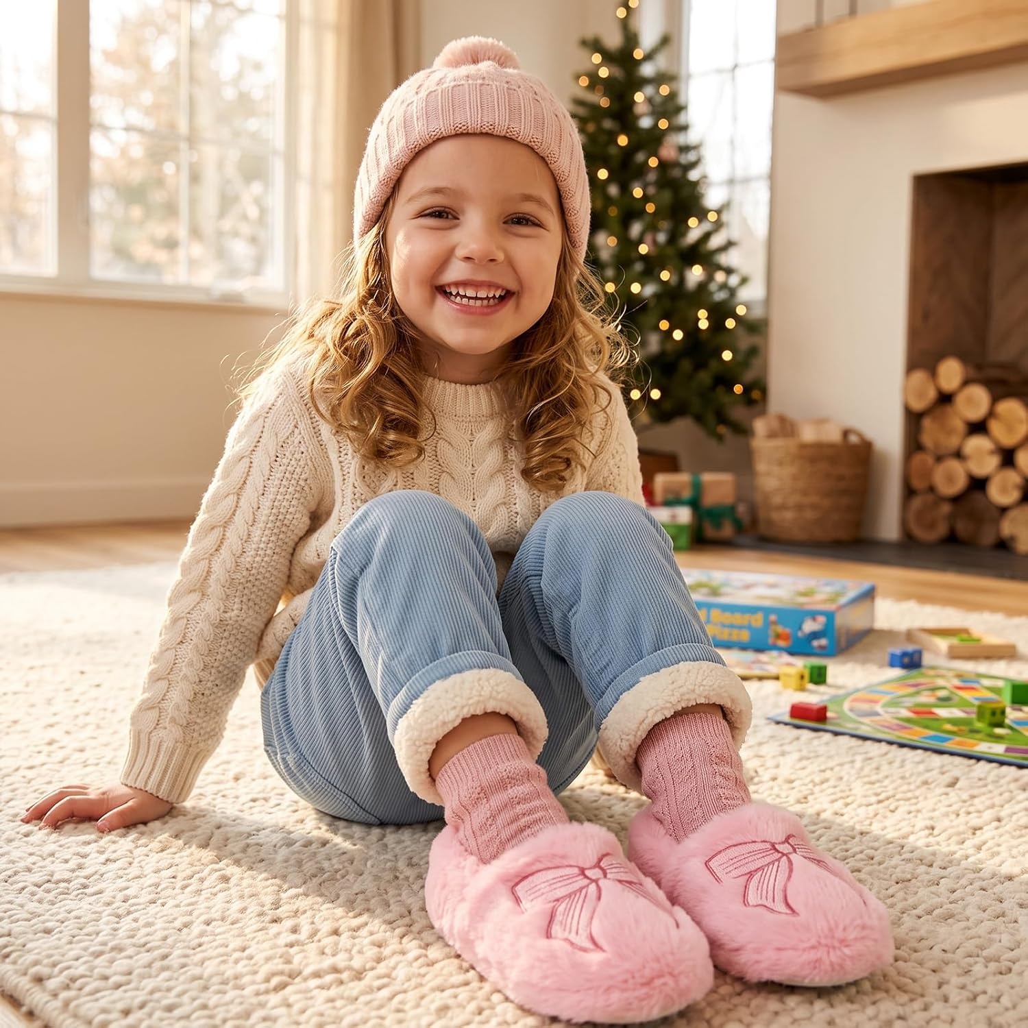 image:imageWateLves Toddler Slippers Boys Girls Full Wrapped Winter ShoesPink Bow Knot