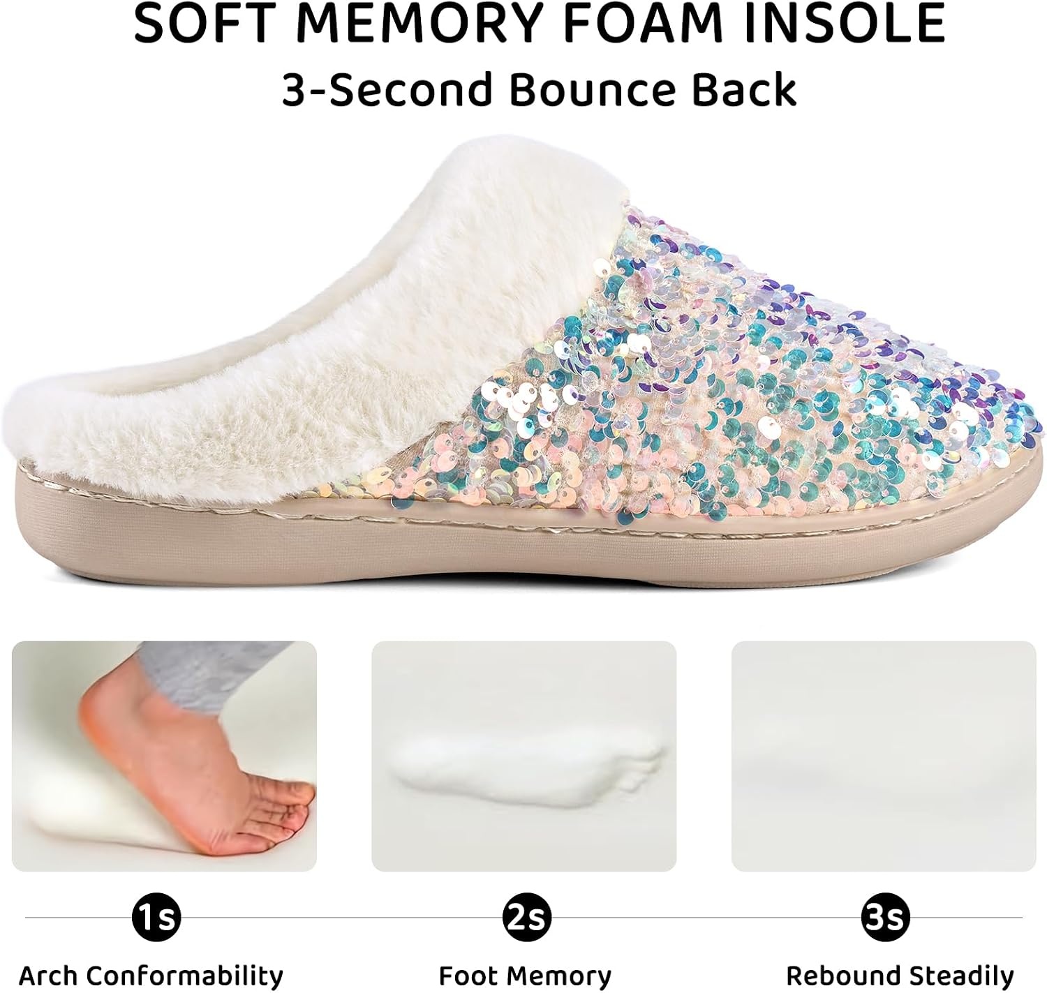 image:imageWateLves Womens Slippers Comfort Memory Foam House Slippers Plush Lining Bedroom Shoes for Indoor amp OutdoorSequin Beige