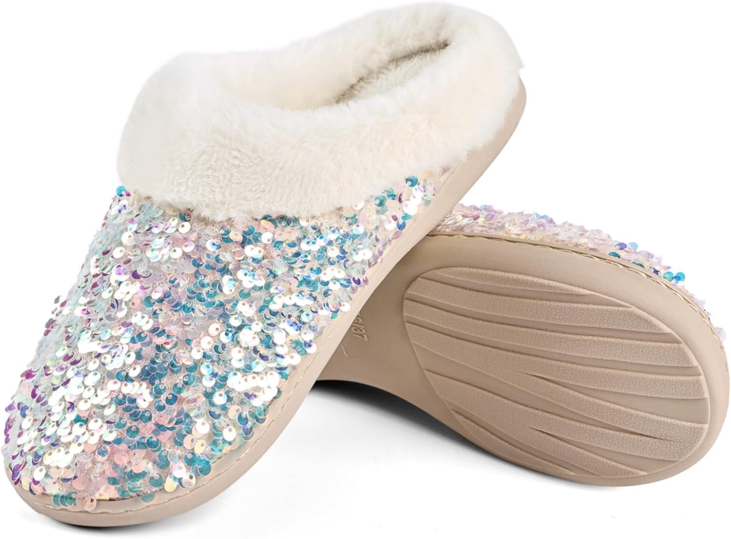 image:imageWateLves Womens Slippers Comfort Memory Foam House Slippers Plush Lining Bedroom Shoes for Indoor amp OutdoorSequin Beige