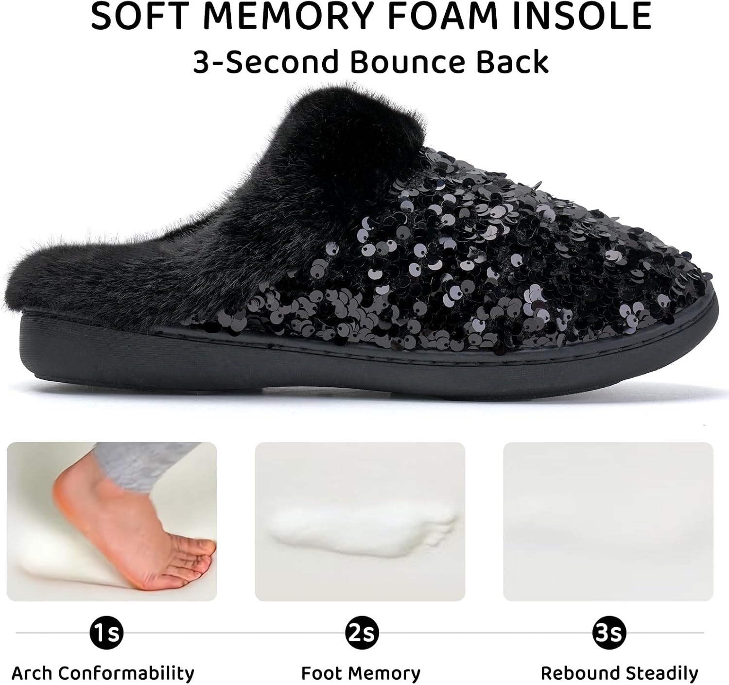 image:imageWateLves Womens Slippers Comfort Memory Foam House Slippers Plush Lining Bedroom Shoes for Indoor amp OutdoorSequin Black