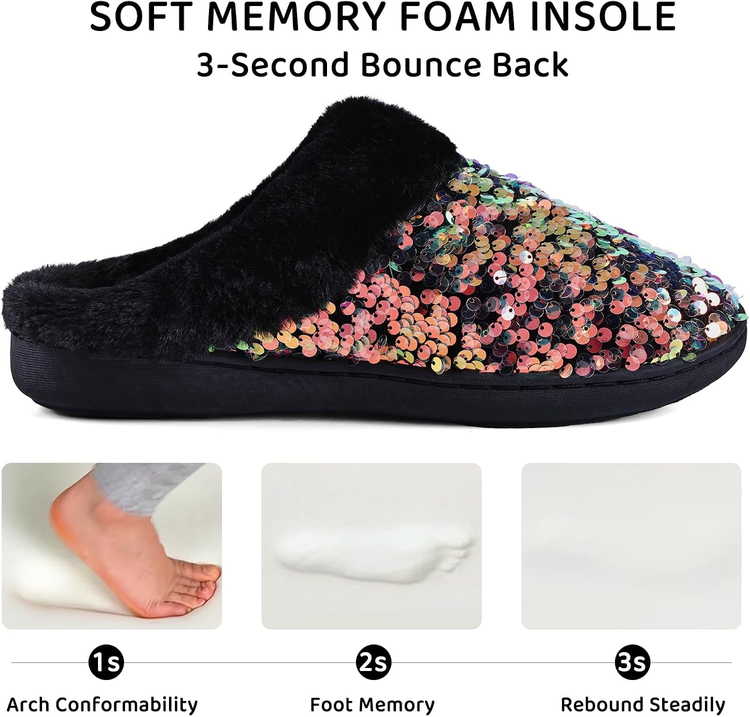 image:imageWateLves Womens Slippers Comfort Memory Foam House Slippers Plush Lining Bedroom Shoes for Indoor amp OutdoorSequin Galaxy