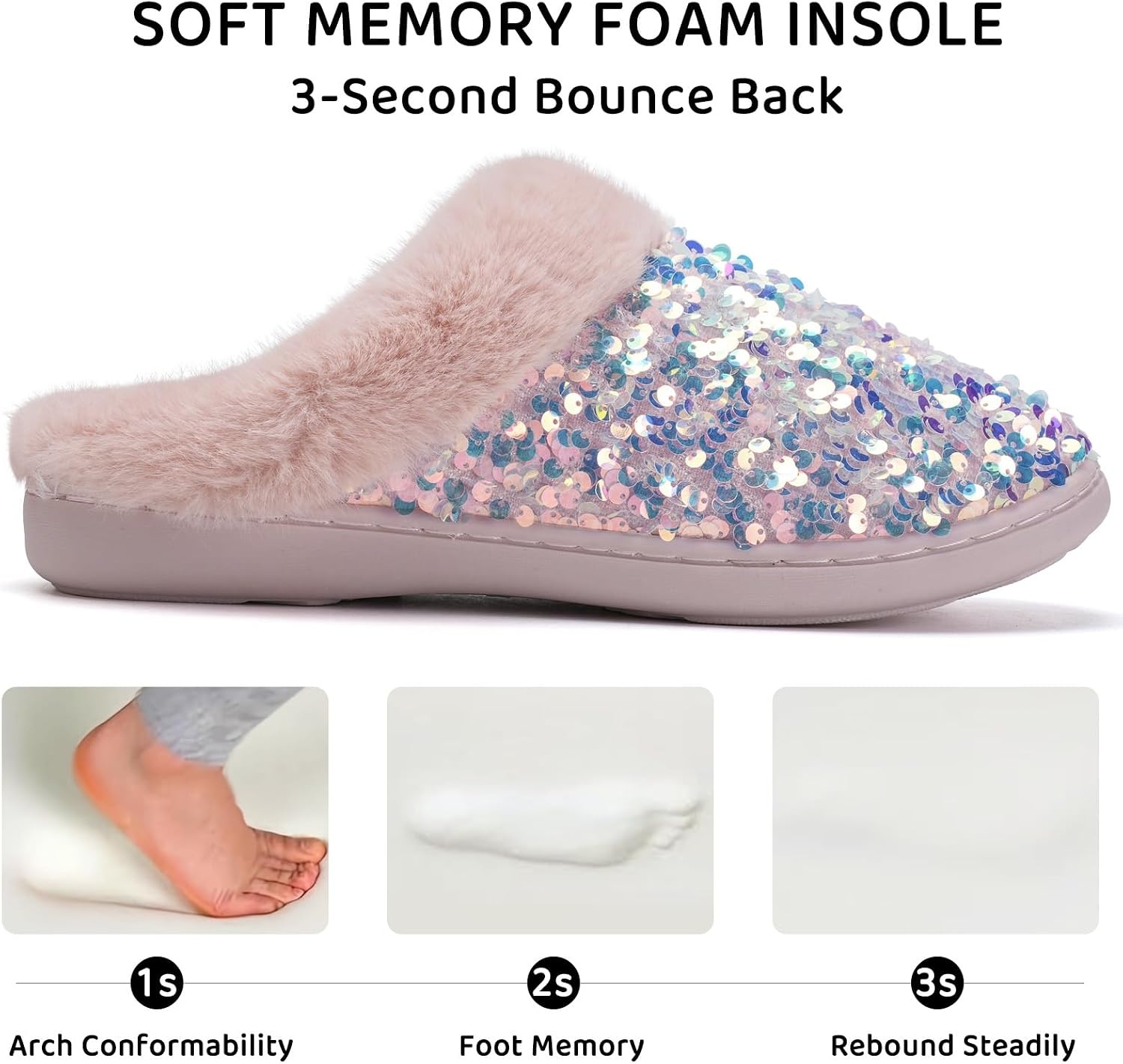 image:imageWateLves Womens Slippers Comfort Memory Foam House Slippers Plush Lining Bedroom Shoes for Indoor amp OutdoorSequin Pink