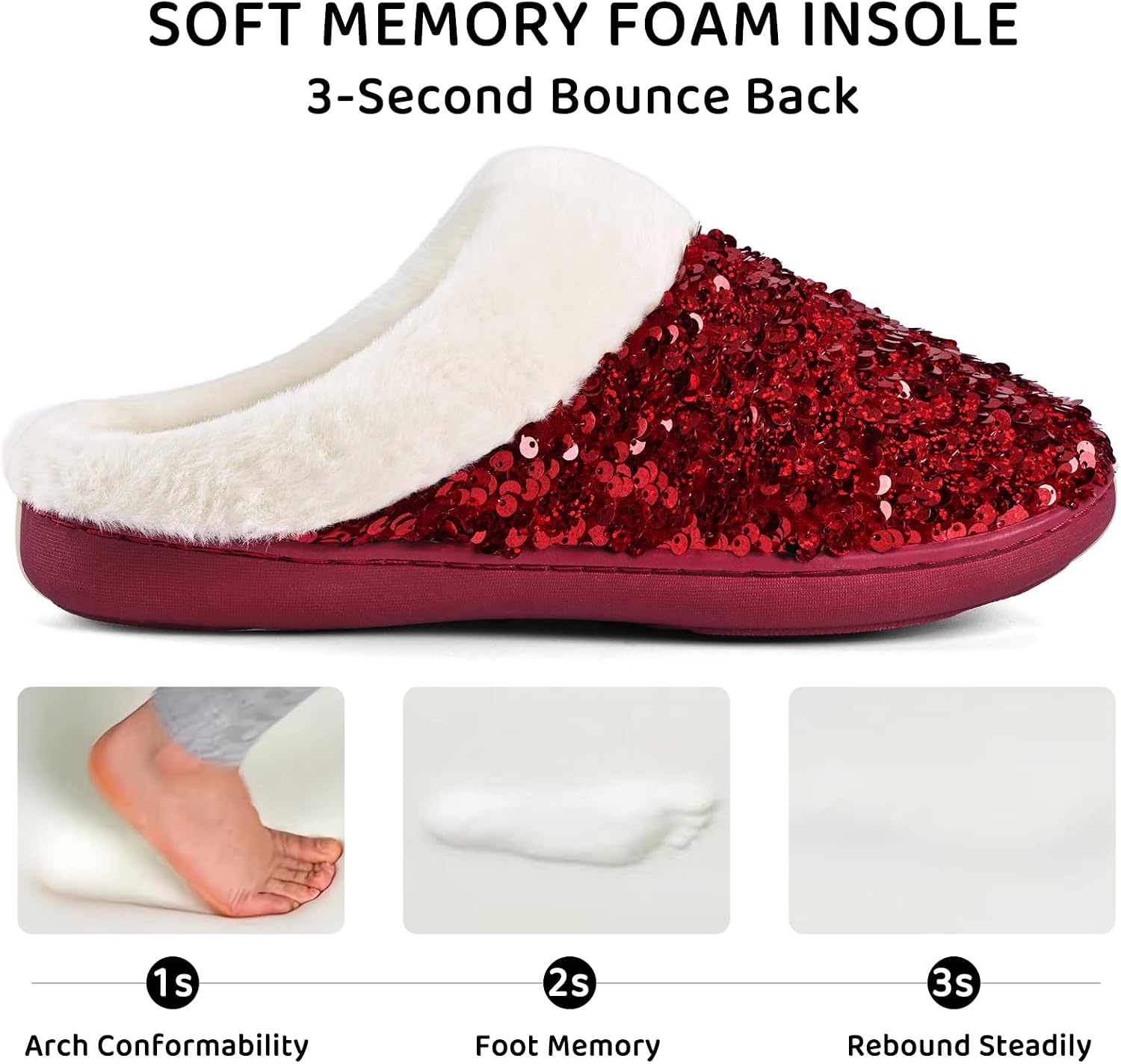 image:imageWateLves Womens Slippers Comfort Memory Foam House Slippers Plush Lining Bedroom Shoes for Indoor amp OutdoorSequin Red