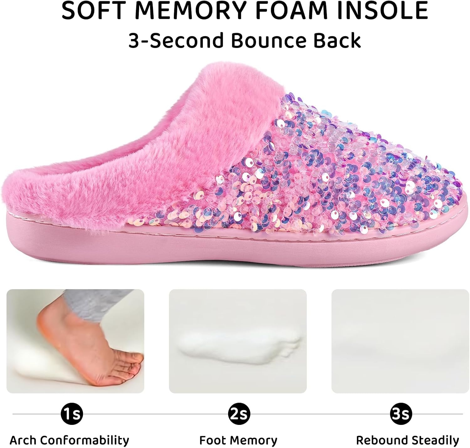 image:imageWateLves Womens Slippers Comfort Memory Foam House Slippers Plush Lining Bedroom Shoes for Indoor amp OutdoorSequin Sakura