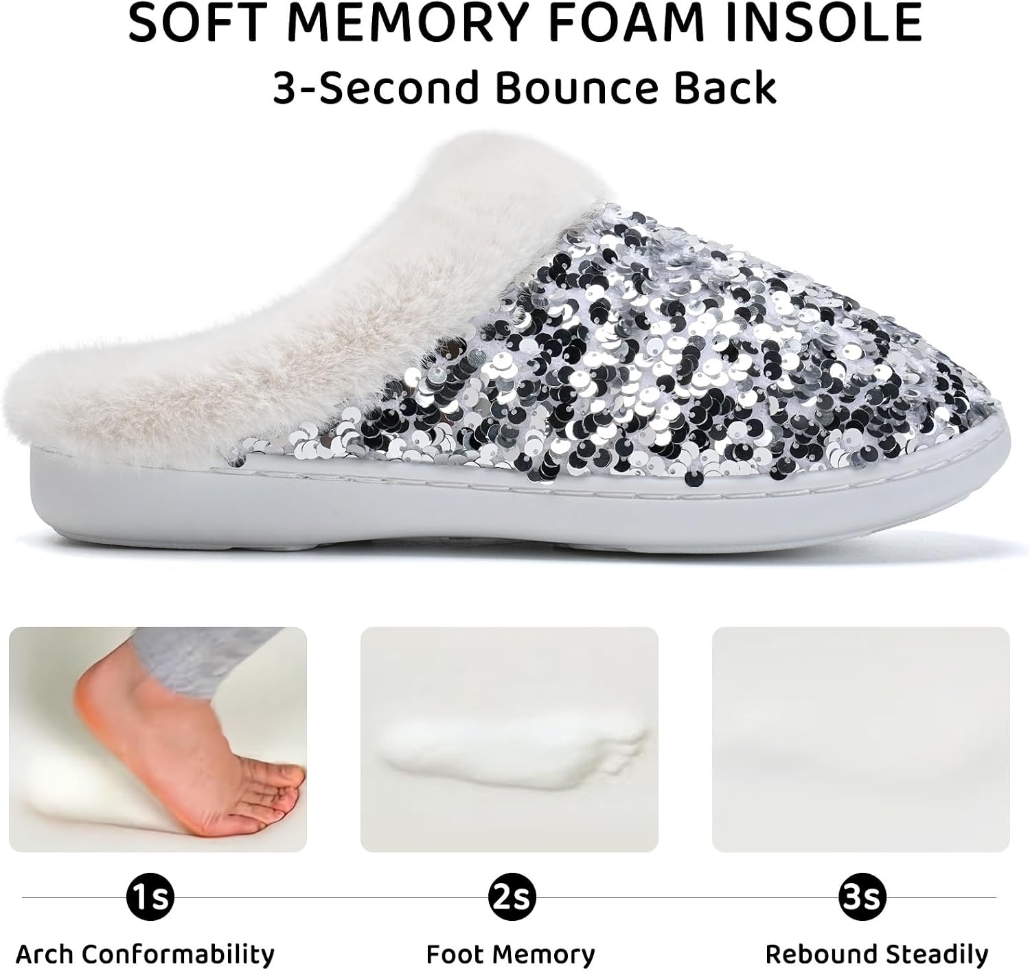 image:imageWateLves Womens Slippers Comfort Memory Foam House Slippers Plush Lining Bedroom Shoes for Indoor amp OutdoorSequin Silver