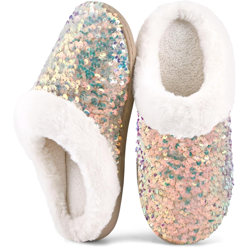 image:imageWateLves Womens Slippers Comfort Memory Foam House Slippers Plush Lining Bedroom Shoes for Indoor amp OutdoorSequin Beige