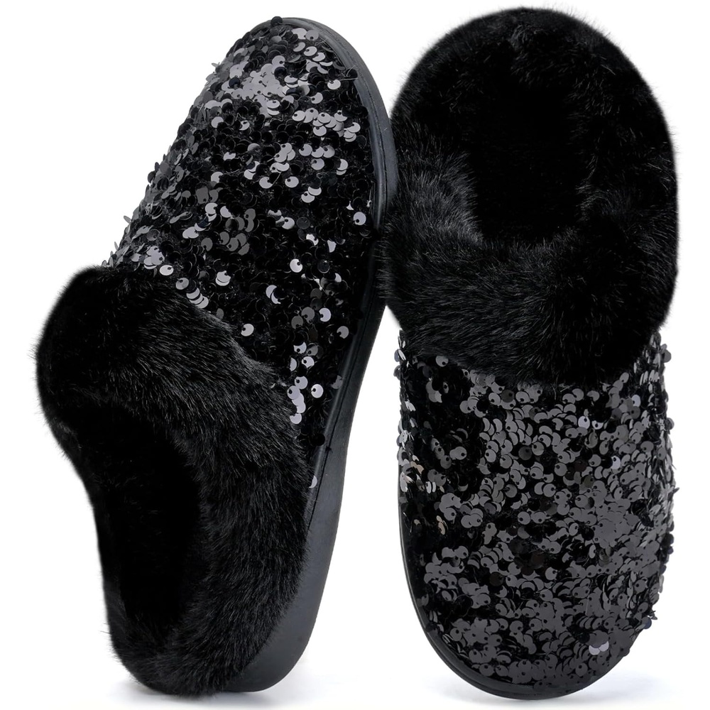 image:imageWateLves Womens Slippers Comfort Memory Foam House Slippers Plush Lining Bedroom Shoes for Indoor amp OutdoorSequin Black