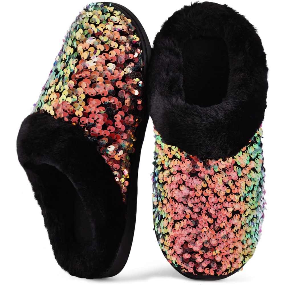 image:imageWateLves Womens Slippers Comfort Memory Foam House Slippers Plush Lining Bedroom Shoes for Indoor amp OutdoorSequin Galaxy